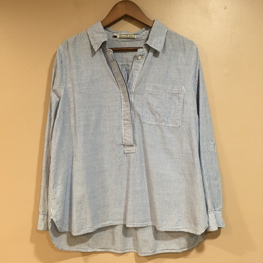 Behind The Seams Popover Tunic Blouse Top Womens L Blue White Stripe Coastal